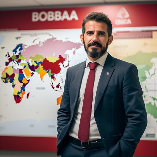 In a war room, Bocha Batista, the Technical Director of the Venezuelan National Team, stands in front of a giant soccer field-shaped board. He is a commanding figure with dark, curly hair and a well-groomed beard, exuding a wise and respectable presence. Bocha is dressed in a dark suit with a white shirt and a burgundy tie, matching the team's colors. He is strategically analyzing the positions of the players, represented as burgundy figures on the board. The scene radiates the importance of tactics in soccer, all in the enchanting animation style of Studio Ghibli. The atmosphere is serious but focused. The room has dark walls and weathered wooden details, illuminated by hanging lamps emitting a warm, soft light.