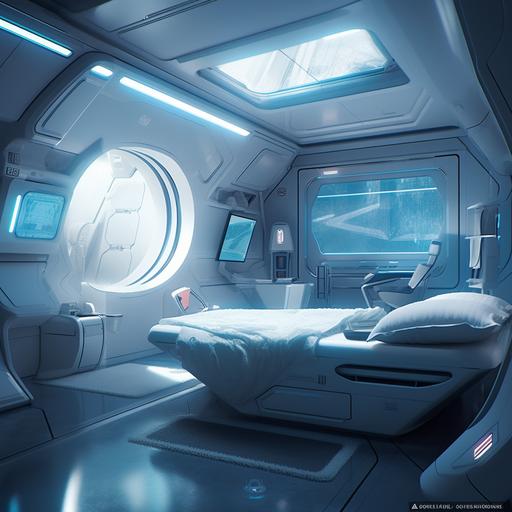 a digital illustration of a futuristic hyperbaric chamber. Large triangular windows, spacious and luxurious interior. Modern hotel room style. Inspired by: Syd Mead Color temperature: Cool blues and soft whites Facial expressions: None Lighting: Soft ambient light Atmosphere: Serene and futuristic --v 5.0 --stylize 1000