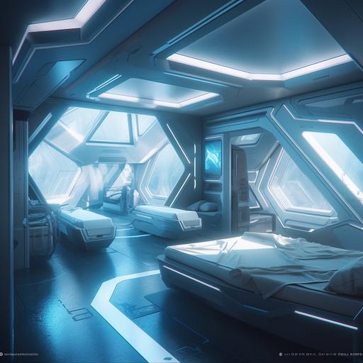 a digital illustration of a futuristic hyperbaric chamber. Large triangular windows, spacious and luxurious interior. Modern hotel room style. Inspired by: Syd Mead Color temperature: Cool blues and soft whites Facial expressions: None Lighting: Soft ambient light Atmosphere: Serene and futuristic --v 5.0 --stylize 1000