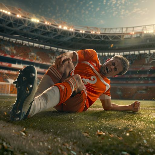 a soccer player is in pain after falling down with a tag on the field, in pain holding his feet, realstic, 4k