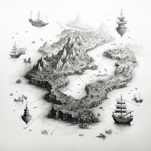 small island, map, pirate ship, black and white,