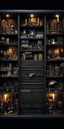 the inside of an open drawer, dark, secret --aspect 1:2