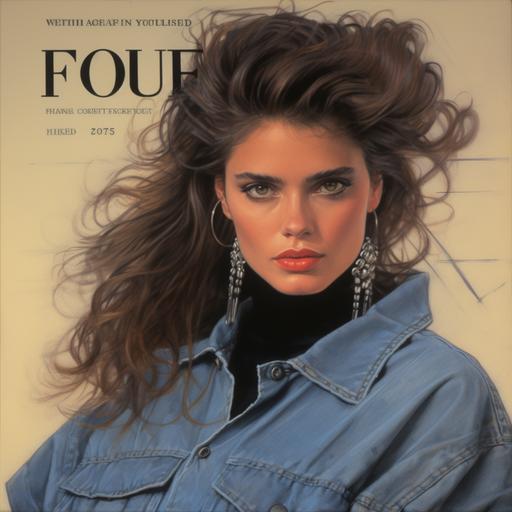 fashion design sketch, Brooke Sheilds in 80s style Jordache Jeans on the cover of Vogue Magazine
