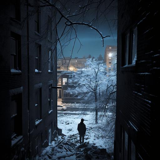 man stares out of his window into the abandoned city streets at night, infrared photography,