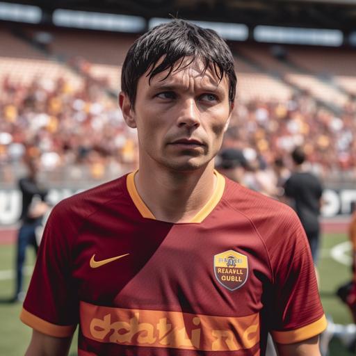 AS Roma Home Uniform, Football player on the pitch, Caucasian, Black Hair, Side Fringe Short Hairstyle, taken with EOS R 300mm f2.8, High-Quality Photograph, Only the upper body, Face Front, zoom shot, a stadium with the full crowd as background, day match --v 5.0 --s 750