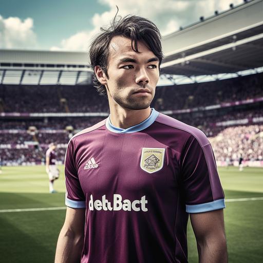 Aston Villa FC Home Uniform, Football player on the pitch, Caucasian, Black Hair, Side Fringe Hairstyle, taken with EOS R 300mm f2.8, High-Quality Photograph, Only the upper body, Face Front, zoom shot, a stadium with the full crowd as background, day match --v 5.0 --s 750