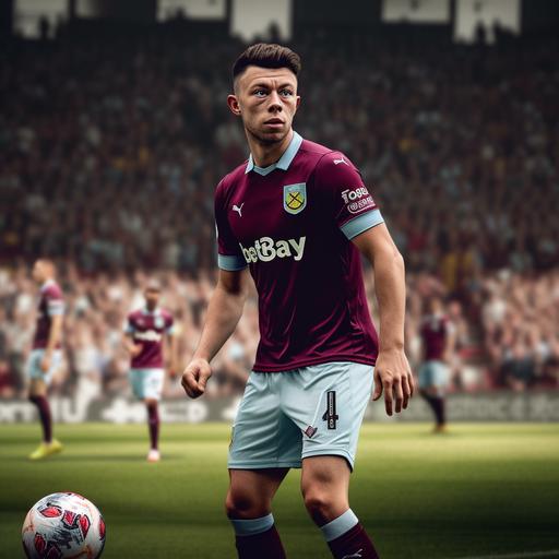 Football player on the pitch, Aston Villa FC Uniform, Brown Hair, 180cm, 60kg, taken with EOS R 300mm f2.8, hyperrealistic, Only the upper body, front face view, zoom shot, stadium with full crowd as background, day match --v 5.0 --s 750