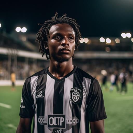 Football player on the pitch, Botafogo FR Uniform, Black Skin, Medium Length Hair, 176cm, 60kg, taken with EOS R 300mm f2.8, realistic, Only the upper body, front face view, zoom shot, stadium with full crowd as background, evening match --v 5.0 --s 750