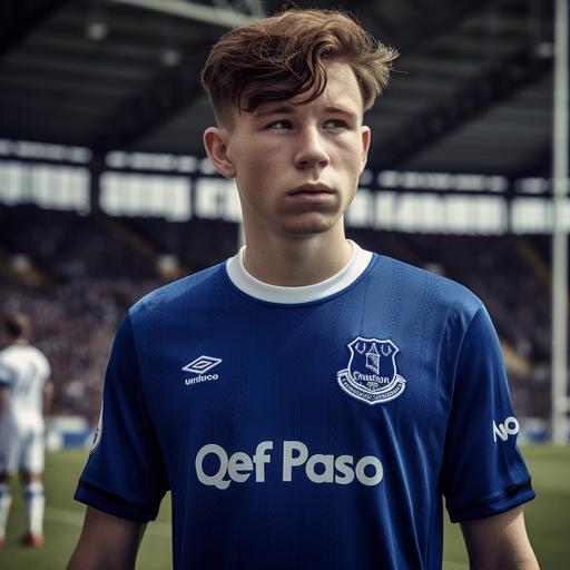 Football player on the pitch, Everton FC Home Uniform, Brown Hair, 182cm, 60kg, taken with EOS R 300mm f2.8, photorealistic, Only the upper body, Face Front, zoom shot, stadium with full crowd as background, day match --v 5.0 --s 750