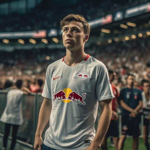 Football player on the pitch, RB Leipzig Uniform, Brown Hair, 172cm, 60kg, taken with EOS R 300mm f2.8, realistic, Only the upper body, front face view, zoom shot, stadium with full crowd as background, evening match --v 5.0 --s 750