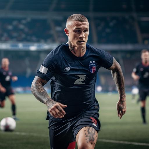 Football player on the pitch, Rangers FC Uniform, Buzz Haircut, 176cm, 68kg, taken with EOS R 300mm f2.8, realistic, torso, upper body zoom shot, running, stadium with full crowd as background, evening match --v 5.0 --s 750