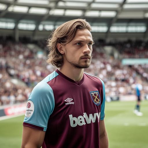 Football player on the pitch, West Ham United FC Uniform, Brown Hair, Medium Length Hairstyle, 180cm, 60kg, taken with EOS R 300mm f2.8, realistic, Only the upper body, front face view, zoom shot, stadium with full crowd as background, day match --v 5.0 --s 750