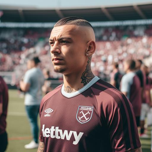 Football player on the pitch, West Ham United FC Uniform, Short Buzz Haircut, 173cm, 60kg, taken with EOS R 300mm f2.8, realistic, Only the upper body, front face view, zoom shot, stadium with full crowd as background, day match --v 5.0 --s 750