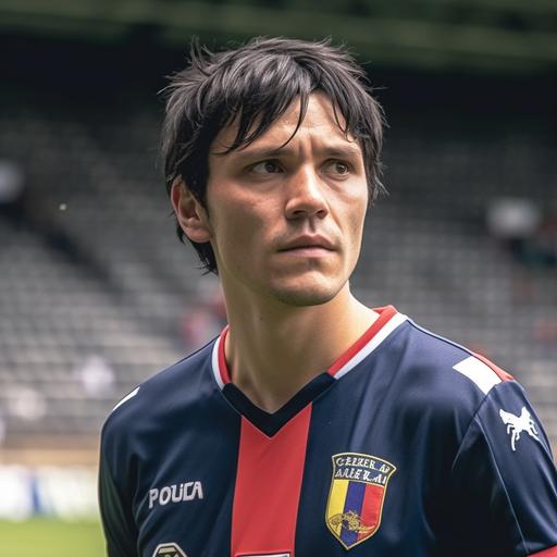 Genoa CFC S.p.A. Home Uniform, Football player on the pitch, Caucasian, Black Hair, Side Fringe Hairstyle, taken with EOS R 300mm f2.8, High-Quality Photograph, Only the upper body, Face Front, zoom shot, a stadium with the full crowd as background, day match --v 5.0 --s 750