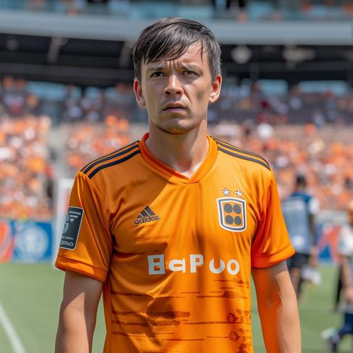 Houston Dynamo FC Home Uniform, Football player on the pitch, Caucasian, Black Hair, Side Fringe Short Hairstyle, taken with EOS R 300mm f2.8, High-Quality Photograph, Only the upper body, Face Front, zoom shot, a stadium with the full crowd as background, day match --v 5.0 --s 750
