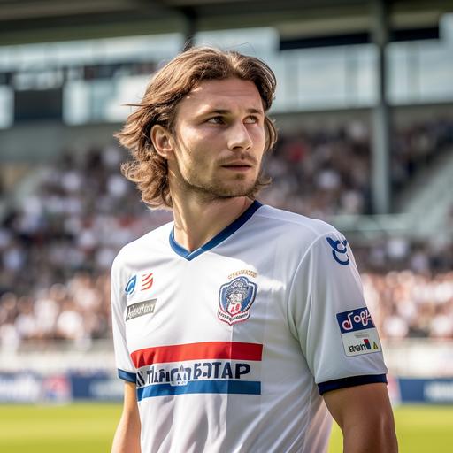 KSV Holstein Kiel Home Uniform, Football player on the pitch, Denmark Nationality, Brown Hair, Medium Length Hairstyle, 183cm, 75kg, taken with EOS R 300mm f2.8, High-Quality Photograph, Only the upper body, Face Front, zoom shot, a stadium with the full crowd as background, day match --v 5.0 --s 750