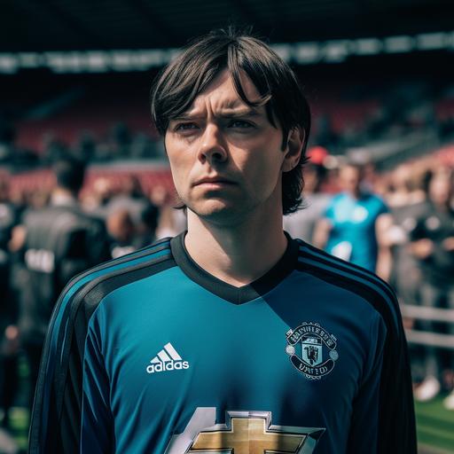 Manchester United FC Skyblue Goalkeeper Uniform, Football player on the pitch, Caucasian, Black Hair, Side Fringe Hairstyle, taken with EOS R 300mm f2.8, High-Quality Photograph, Only the upper body, Face Front, zoom shot, a stadium with the full crowd as background, day match --v 5.0 --s 750