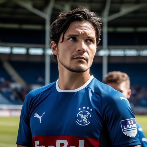 Rangers FC Home Uniform, Football player on the pitch, Scotland Nationality, Black Hair, 179cm, 67kg, taken with EOS R 300mm f2.8, High-Quality Photograph, Only the upper body, Face Front, zoom shot, a stadium with the full crowd as background, day match --v 5.0 --s 750