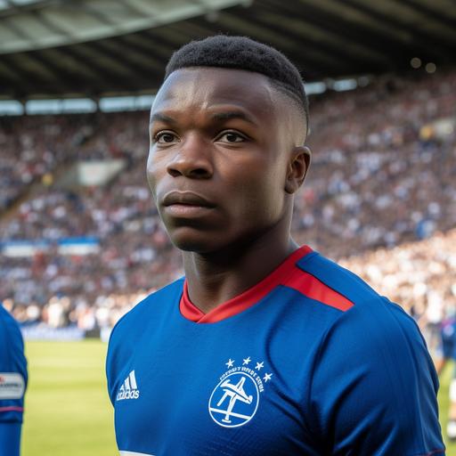 Rangers FC Home Uniform, Football player on the pitch, Dark Brown Skin, Black Hair, Short Buzz Haircut, taken with EOS R 300mm f2.8, High-Quality Photograph, Only the upper body, Face Front, zoom shot, a stadium with the full crowd as background, day match --v 5.0 --s 750