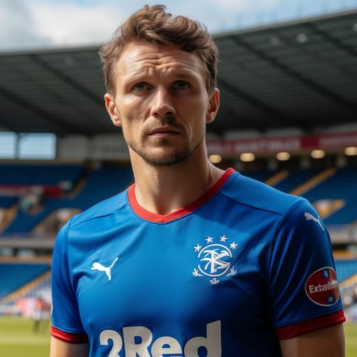 Rangers FC Home Uniform, Football player on the pitch, Scotland Nationality, Light Brown Hair, 187cm, 79kg, taken with EOS R 300mm f2.8, High-Quality Photograph, Only the upper body, Face Front, zoom shot, a stadium with the full crowd as background, day match --v 5.0 --s 750