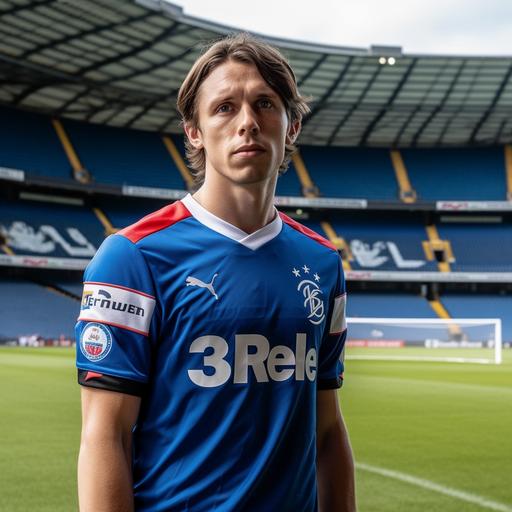 Rangers FC Home Uniform, Football player on the pitch, Scotland Nationality, White Skin, Brown Hair, 188cm, 77kg, taken with EOS R 300mm f2.8, High-Quality Photograph, Only the upper body, Face Front, zoom shot, a stadium with the full crowd as background, day match --v 5.0 --s 750