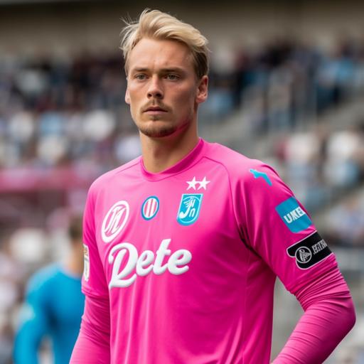 SSC Napoli Pink Goalkeeper Uniform, Football player on the pitch, Austria Nationality, White Skin, Blond Short Hair, 188cm, 82kg, taken with EOS R 300mm f2.8, High-Quality Photograph, Only the upper body, Face Front, zoom shot, a stadium with the full crowd as background, day match --v 5.0 --s 750