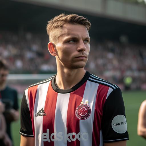Sheffield United FC Home Uniform, Football player on the pitch, Poland Nationality, Light Brown Hair, 178cm, 60kg, taken with EOS R 300mm f2.8, High-Quality Photograph, Only the upper body, Face Front, zoom shot, a stadium with the full crowd as background, day match --v 5.0 --s 750