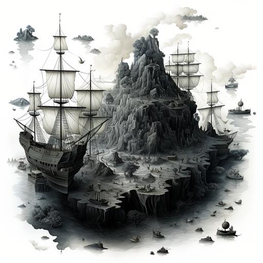 Small islands, maps, pirate ships, black and white, whales