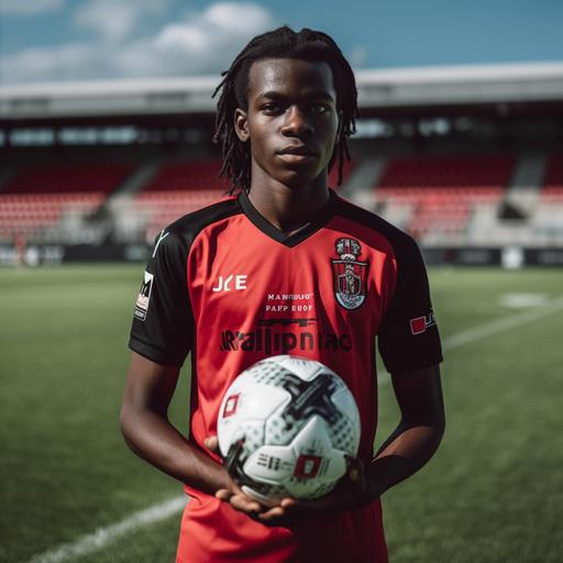 Stade Rennais FC Home Uniform, Football player on the pitch, France Nationality, Black Skin, Black Hair, Medium Length Hairstyle, 171cm, 60kg, taken with EOS R 300mm f2.8, High-Quality Photograph, Only the upper body, Face Front, zoom shot, a stadium with the full crowd as background, day match --v 5.0 --s 750