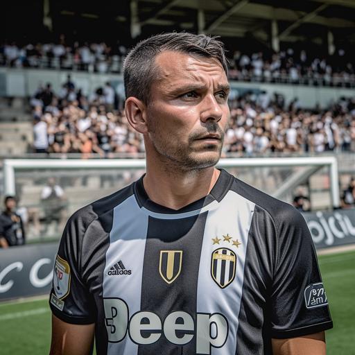 Udinese Calcio Home Uniform, Football player on the pitch, Caucasian, Black Hair, Side Parted Short Hairstyle, taken with EOS R 300mm f2.8, High-Quality Photograph, Only the upper body, Face Front, zoom shot, a stadium with the full crowd as background, day match --v 5.0 --s 750