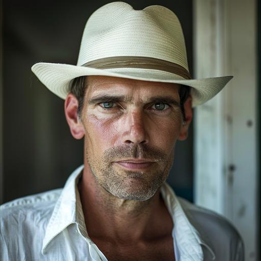36 year old Canadian man tall wrinkled features short unkempt hair wearing white panama hat from 1920s