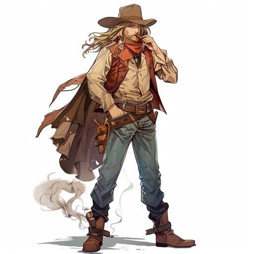 anime style antiquarian adventurer with cowboy hat and boots, long hair, inveterate cigar smoker