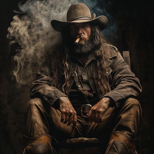 antiquarian adventurer with cowboy hat and boots, long hair, inveterate cigar smoker