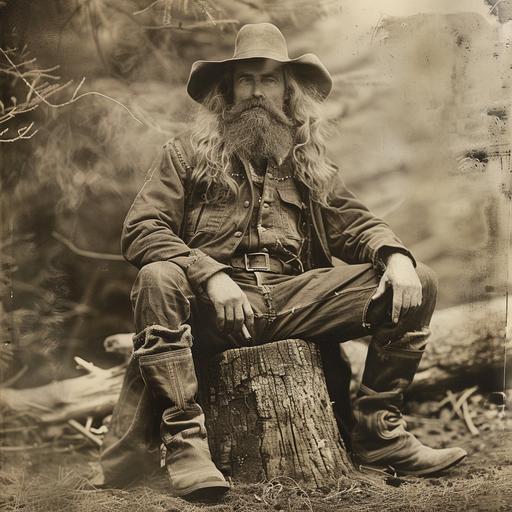 antiquarian adventurer with cowboy hat and boots, long hair, inveterate cigar smoker in the 1920s