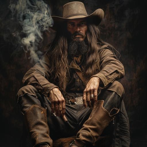 antiquarian adventurer with cowboy hat and boots, long hair, inveterate cigar smoker