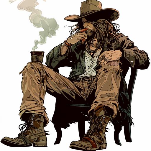 manga style antiquarian adventurer with cowboy hat and boots, long hair, inveterate cigar smoker in the 1920s