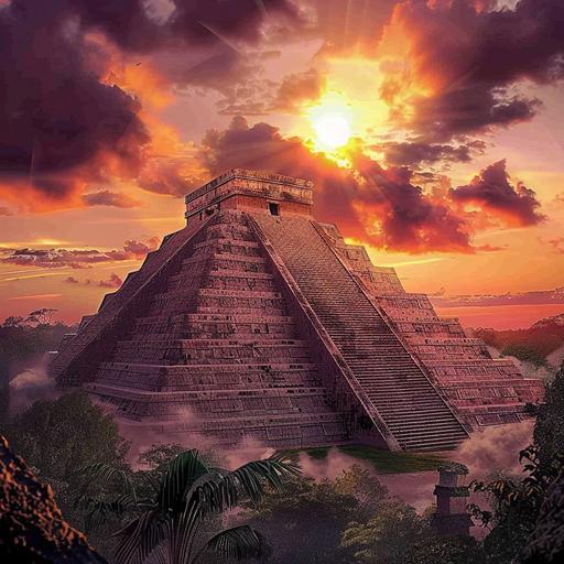 realistic picture Aztec pyramid jungle sunset horror Wide screen