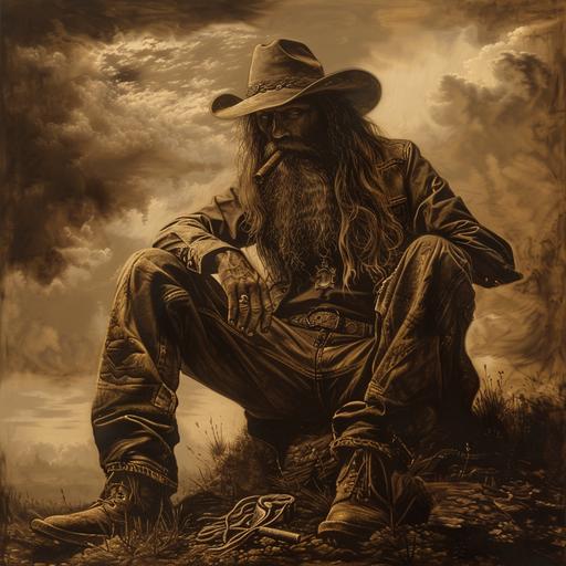 realistic picture antiquarian adventurer with cowboy hat and boots, long hair, inveterate cigar smoker in the 1920s