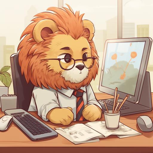 a cute doodle lion who is stuck in the office