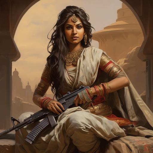 Create a series of Call of Duty potraits of Indian women wearing appropriate clothes and wielding a guns from the games. Backgrounds can be based on the title.