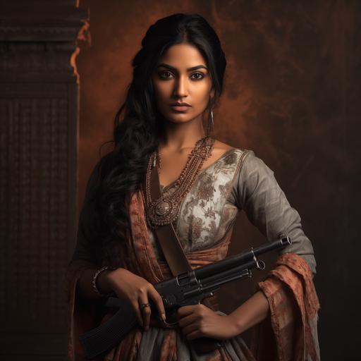Create a series of Call of Duty potraits of Indian women wearing clothes from the games and wielding guns from the games