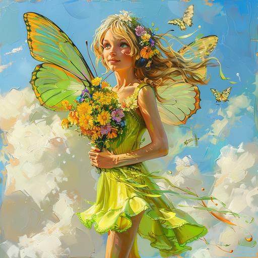 6636_Painting made with acrylic, bright image in acrylic style Cartoon girl with butterfly wings, in a yellow-green dress, with blond hair on a light background with clouds with a bouquet of flowers in her hands, sharp focus, HDR, art photography 8k, photorealistic --ar 1:1