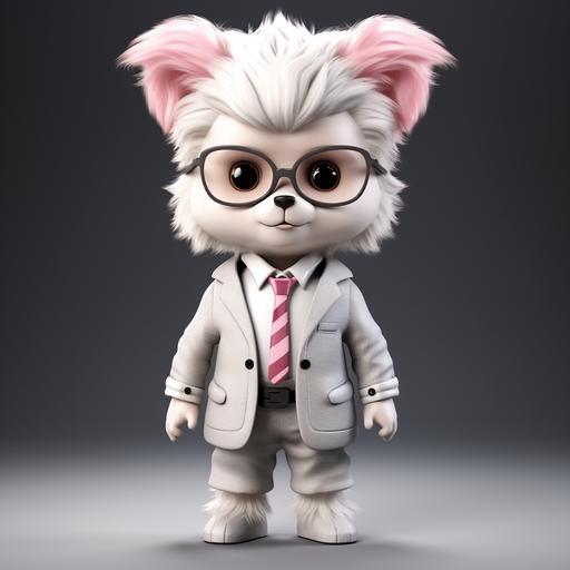 full body mini white dog pink hair on the forhead hipster suit big eyes realistic 3d --style raw