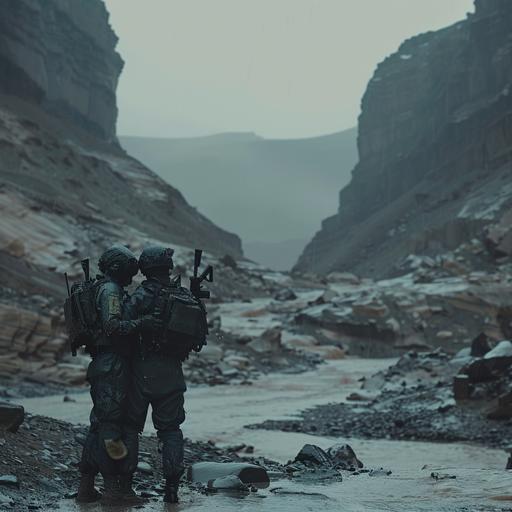 In a barren desert river, semi-rocky ground, two soldiers standing in full gear looking at each other, rain, heavy, huge, surreal, hidden horror, aerial view, soldiers facing each other, one holding his friend’s shoulder, cinematic, unearthly. red ribbon