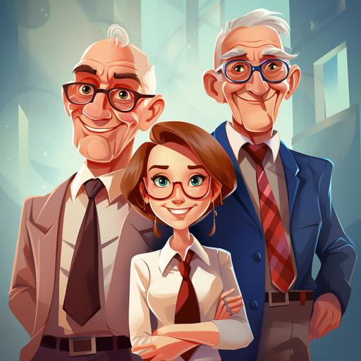 setting in office, old man, young woman in business dress, young man in front wearing no tie, cartoon style