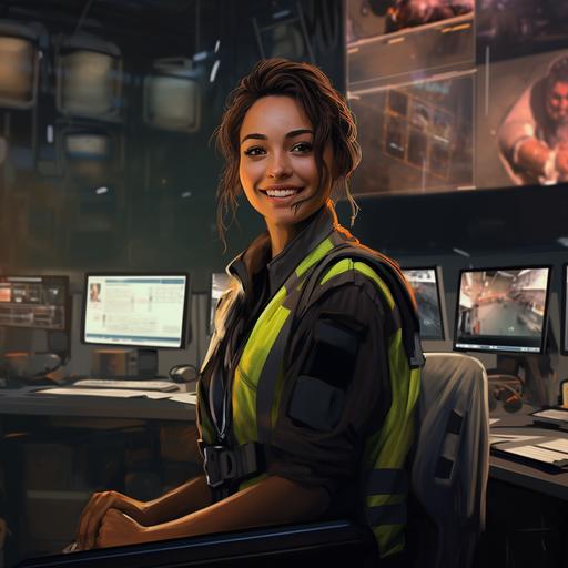 Smiling female wearing a safety vest sitting at a command center with multiple computer monitors, warehouse background, character concept, cyberpunk