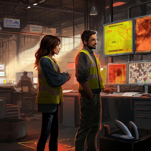 a male and a female wearing safety vest having a conversation in front of a command center with multiple computer monitors inside a warehouse, character concept, expressive emotion, anatomically correct, light, open, warehouse background