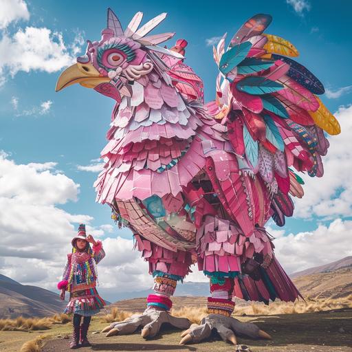 un estadio eco brutalista cyberpunk en cuzco, Peru. Se realiza una batalla de gallos de pelea. Un músico de cumbia psicodélica monta un gallo mutante gigante. Es una estética minimalista. Colores pasteles. Colores Wes Anderson.