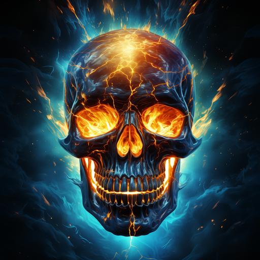 an image of a golden skull on fire, in the style of interstellar comic book art, neon realism, dark sky-blue and light amber, solarpunk, airbrush art, the stars art group (xing xing), wormcore --v 5.2