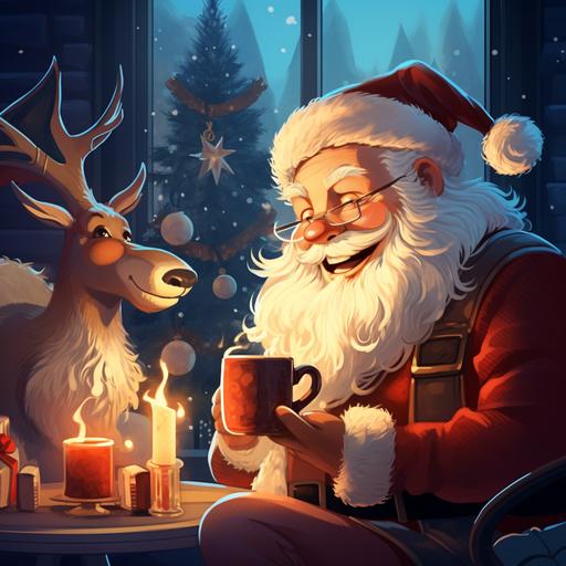 Christmas book cover, Santa, Rudolph sat by the fire drinking hot chocolate, cartoon style, warm and cosy, Vidid colour, 8:9